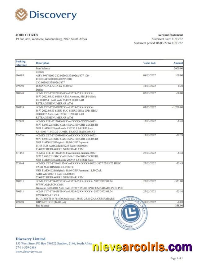 South Africa Discovery bank statement